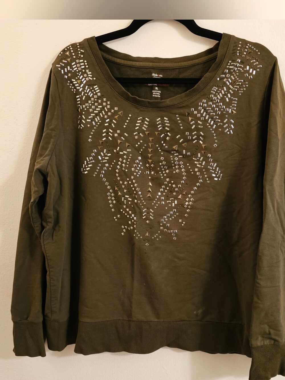 Style & Co. Olive Green Scoop Neck Embellished Sweatshirt